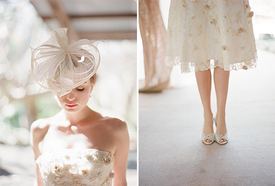 Bride in vintage style lace dress and elegant fascinator
