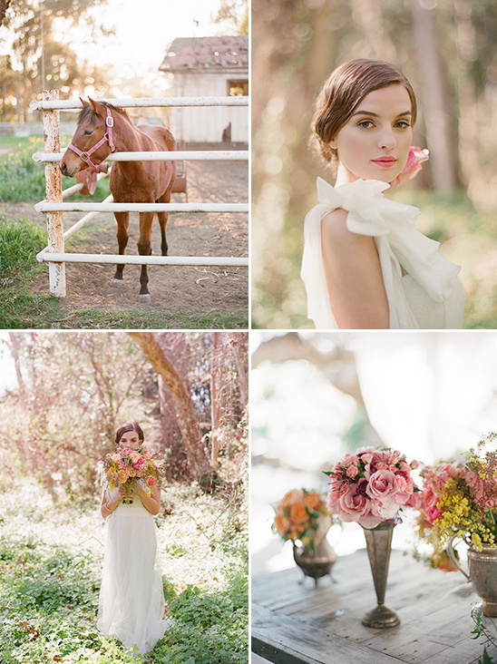 Rustic wedding details with horse flowers and bride