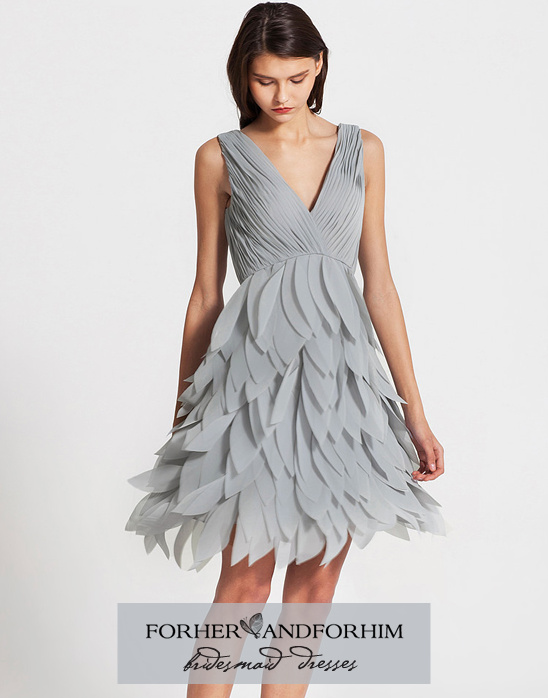 Elegant gray bridesmaid dress with layered petal skirt