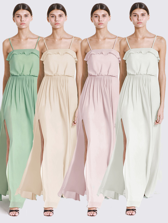Four models in pastel maxi dresses with side slits