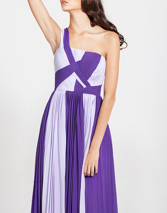 Purple and lavender pleated one-shoulder maxi dress