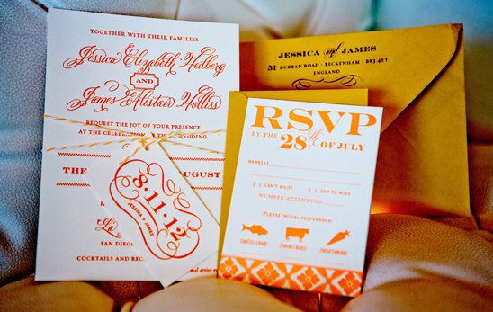 orange and white letterpressed invites by The Happy Envelope