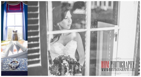 Bride in wedding dress by window