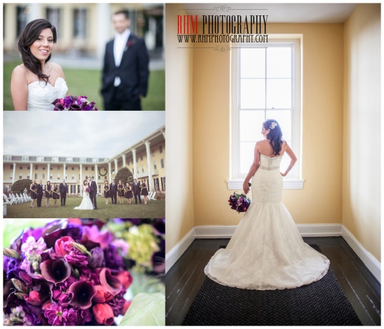 Bride in wedding dress with purple bouquet
