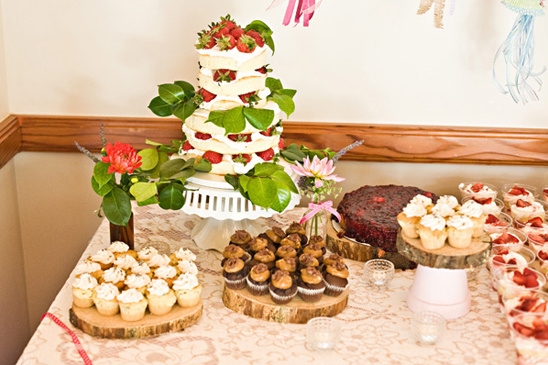 Delicious dessert table with tiered cake and cupcakes