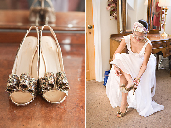 Bride putting on gold sparkly shoes