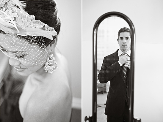 Bride in veil and groom adjusting tie before wedding