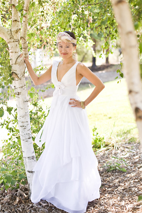 Woman in white layered wedding dress