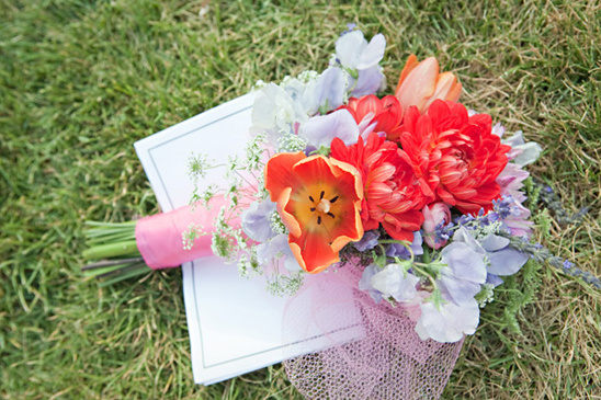 pink, orange and purple bridesmaid bouquet