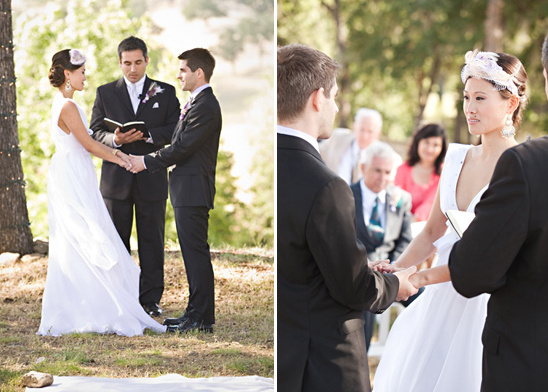 Couple exchanging vows outdoor wedding ceremony