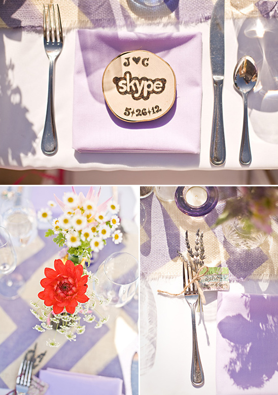 Whimsical wedding table setting with lavender accents