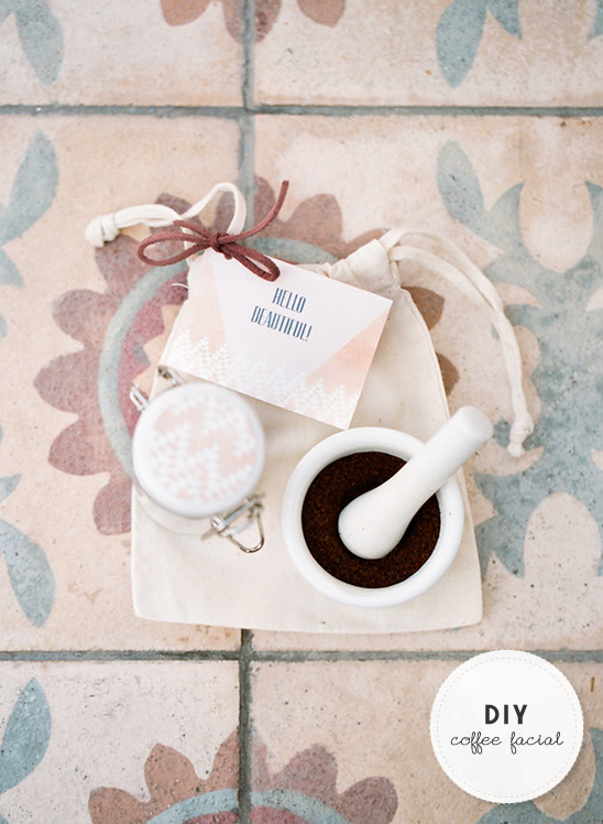 DIY coffee facial kit with mortar and pestle closeup