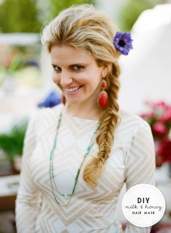 Woman with fishtail braid flower and milk honey mask