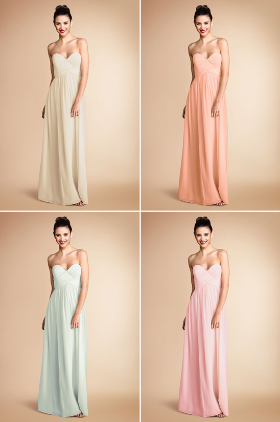 Four models in different pastel bridesmaid gowns