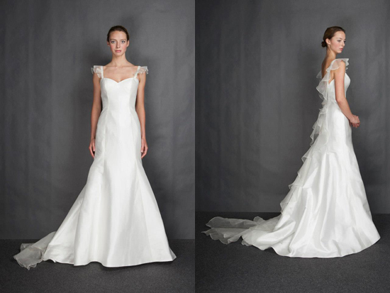 Elegant white wedding gown with ruffled straps detail