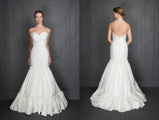 Elegant strapless mermaid wedding gown front and back