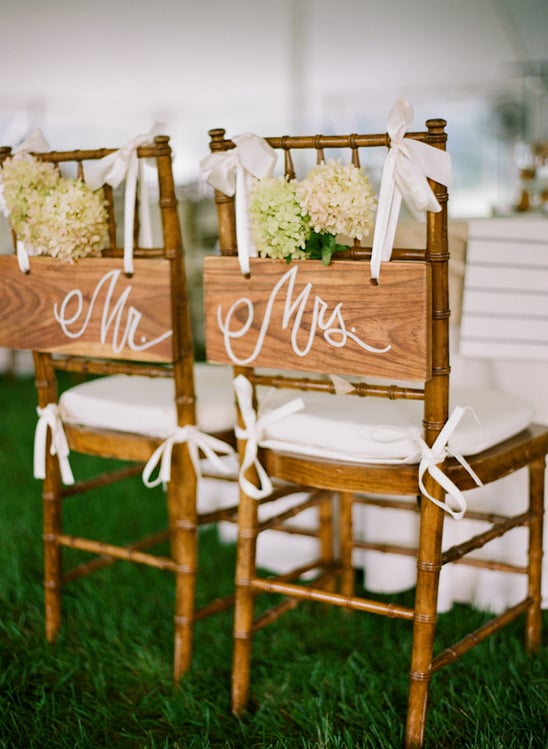 wooden Mr. and Mrs. seat signs
