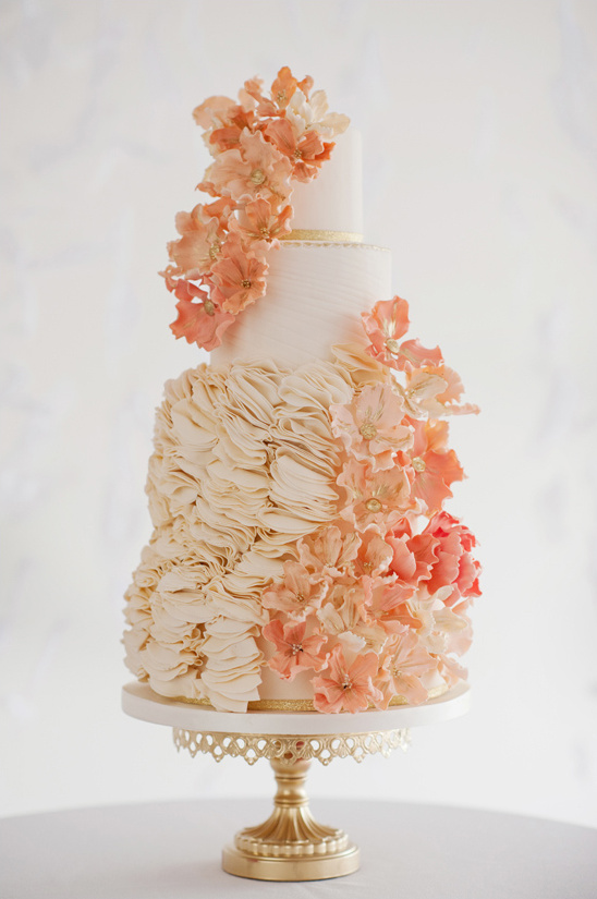 peach, gold and white wedding cake by City View Bakehouse