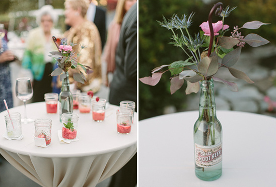 Drinks table with soda bottle flower vase centerpieces