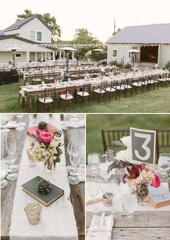 Outdoor wedding reception rustic tables decor flowers