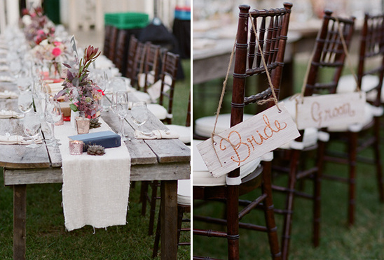 Rustic wedding table and chairs with Bride Groom signs