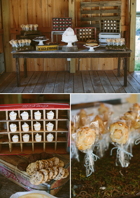 Rustic wedding dessert table with cake cupcakes and cookies