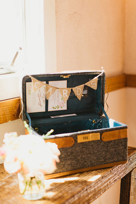 small vintage suitcase with burlap flag banner for cards