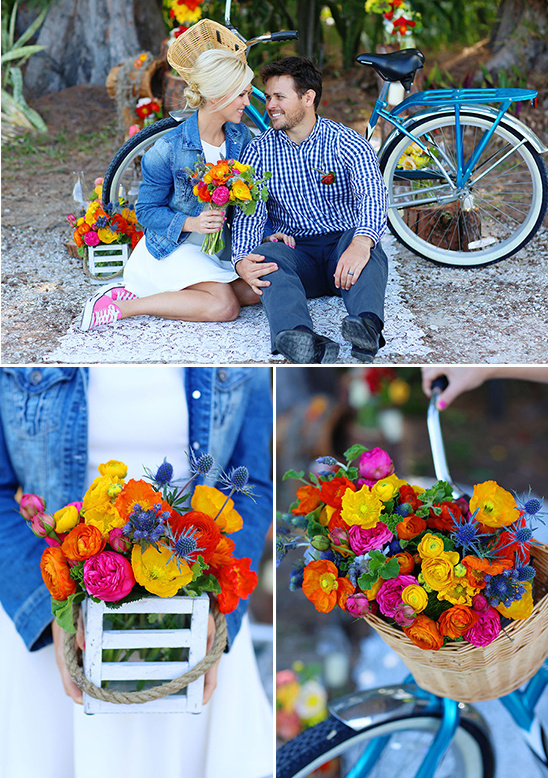 colorful floral pieces and vintage bicycle