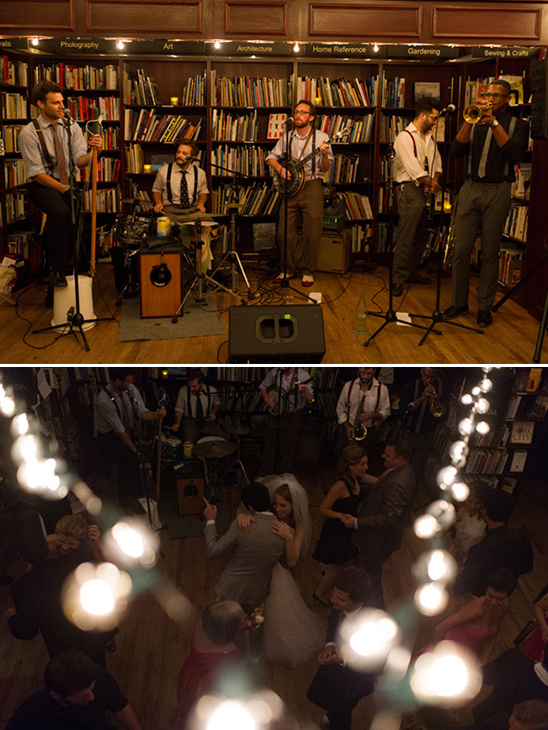 live band and bookstore wedding