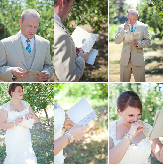 Bride and groom reading letters on their wedding day