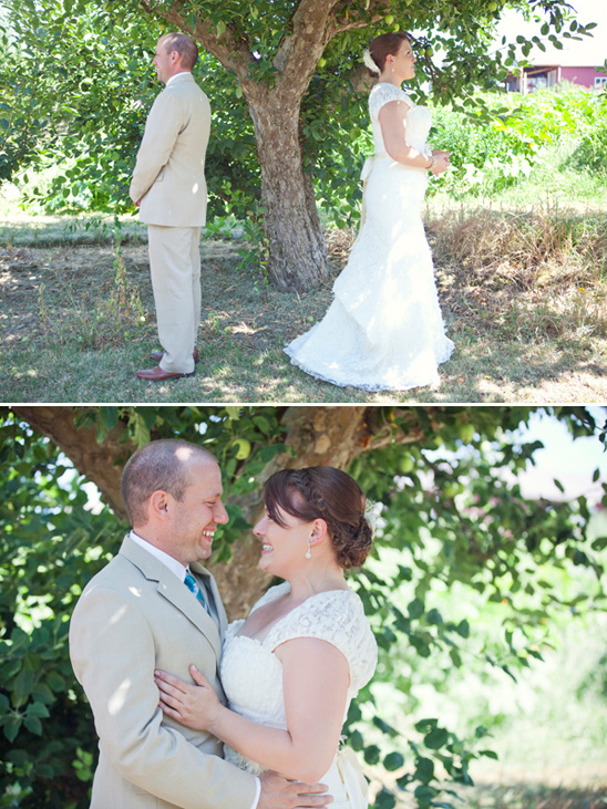 Bride and groom first look wedding day reveal outdoors