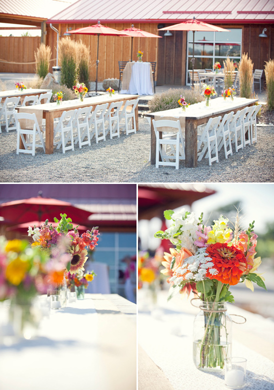Outdoor wedding reception tables with floral centerpieces