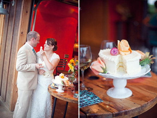 Newlyweds share their wedding cake together fondly