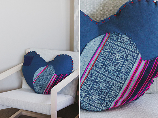 Handmade heart-shaped pillow with blue and pink fabric
