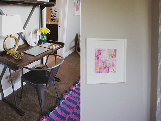 Stylish home office setup with abstract art decor