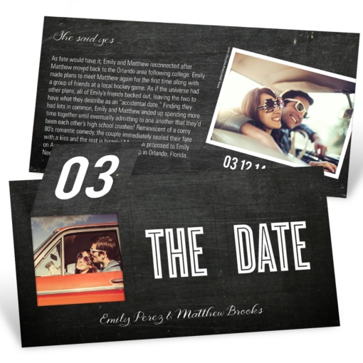 Emily and Matthew's wedding date announcement cards