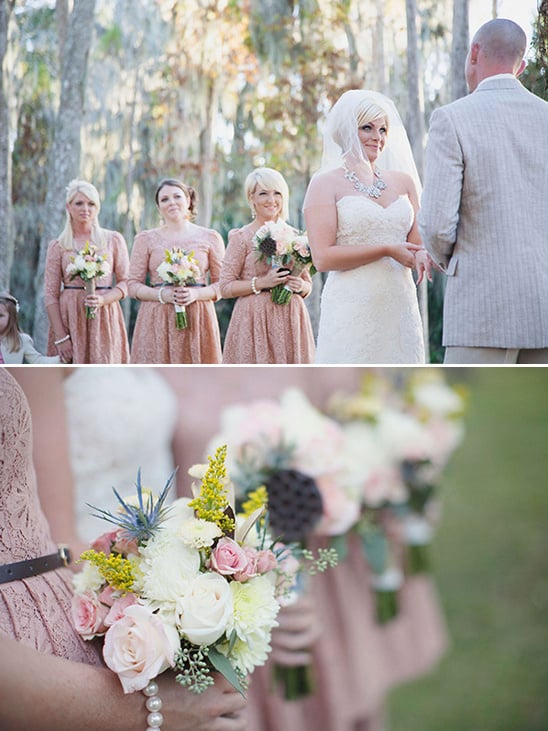 outdoor wedding ceremony with pink accents