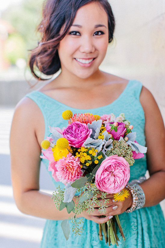 pink and yellow bridesmaid bouquet by Bash Please