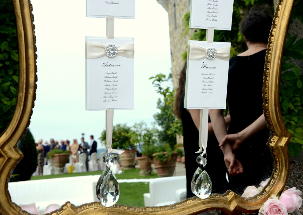 Elegant wedding seating chart reflected in ornate mirror