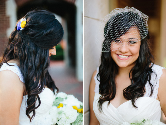 Bride with two wedding hairstyles: one with flowers, one with veil