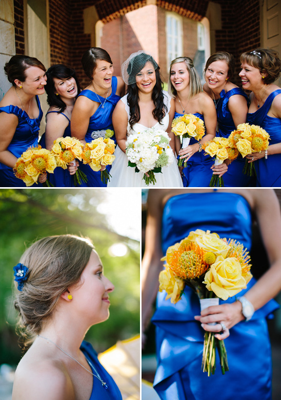 Bride and bridesmaids in blue dresses with yellow bouquets