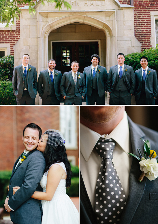 Groomsmen pose outside university building before wedding