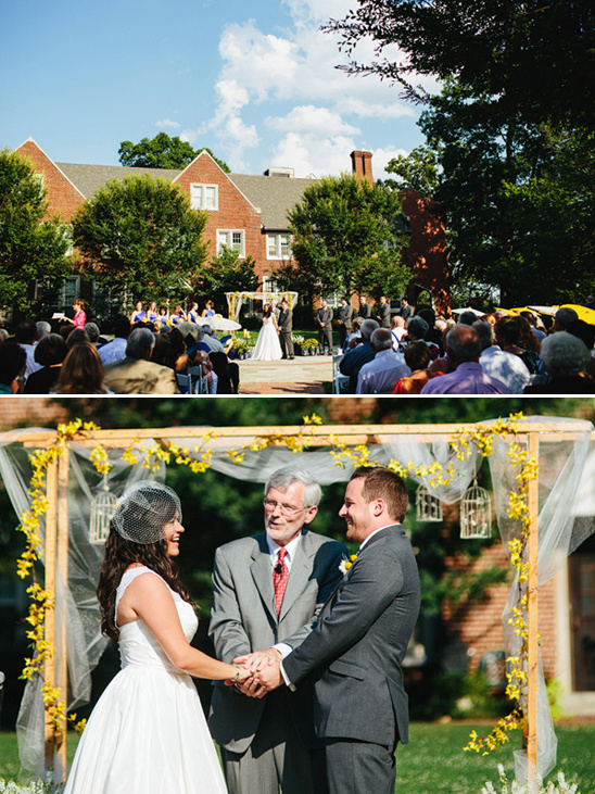 Happy couple exchanging vows at outdoor wedding ceremony