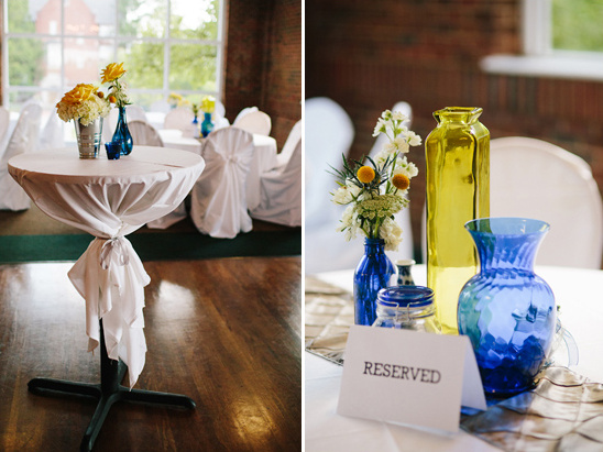 Reserved table with yellow and blue floral decor