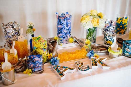 Wedding candy buffet with blue and yellow sweets