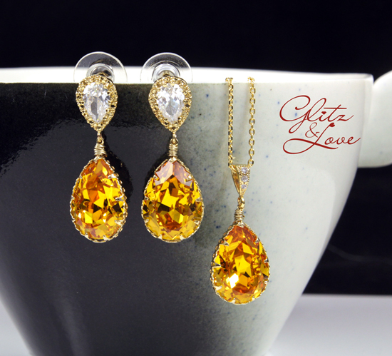 Amber teardrop earrings and necklace set