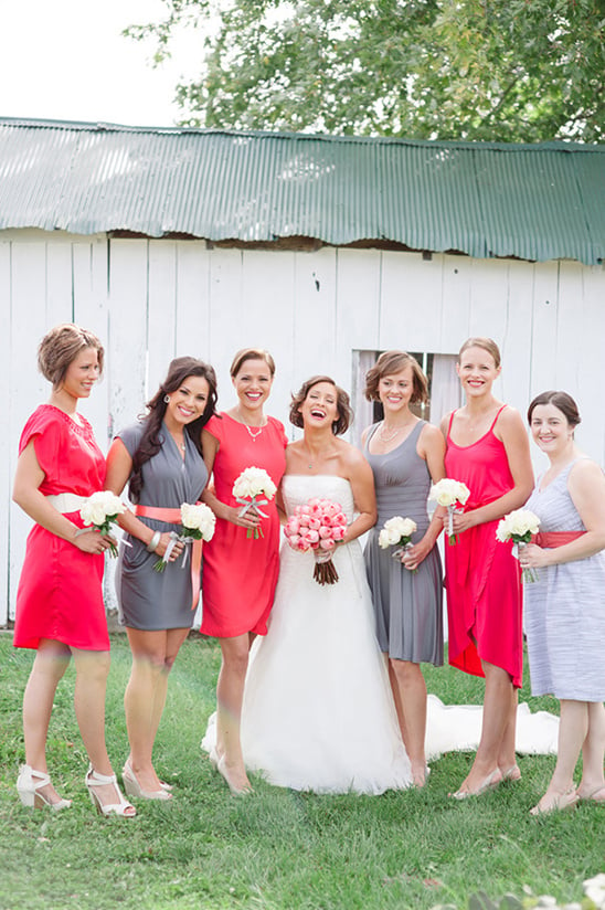 gray and red bridesmaid dresses