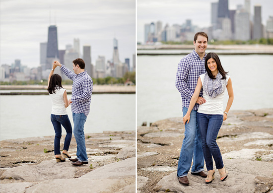 Happy couple dancing by Chicago skyline