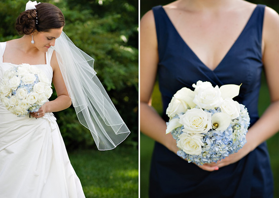 Bride and bridesmaid with white rose and hydrangea bouquets