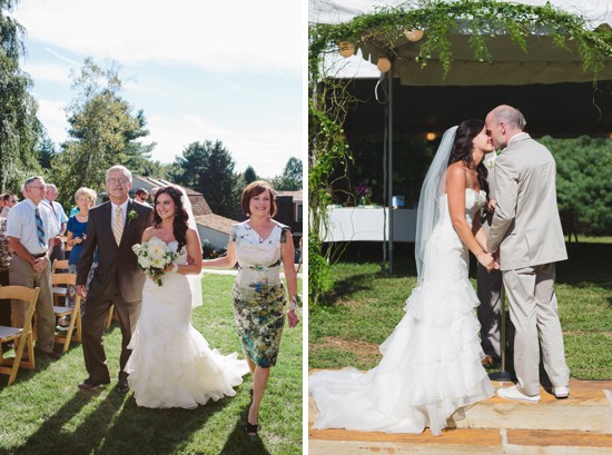 Bride walks with parents kissing groom at outdoor wedding